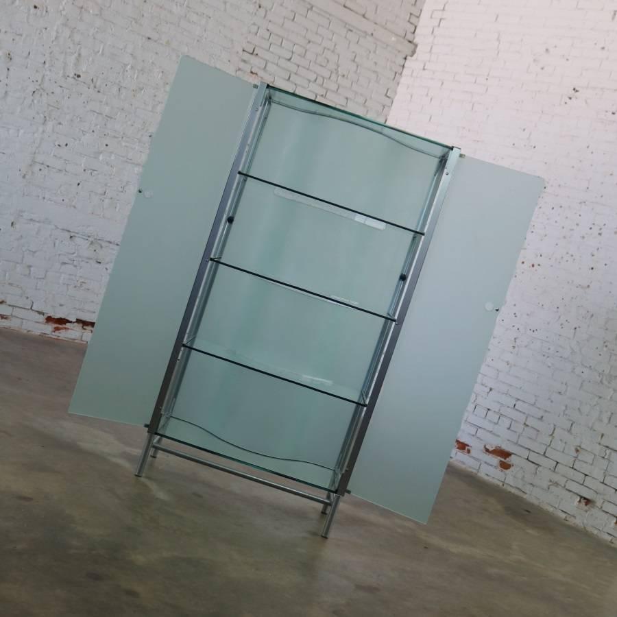 Modern Dual Sided Glass and Metal Enclosed Display Vitrine Étagère Cabinet Room Divider