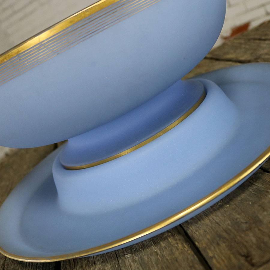 Azure Blue Frosted Glass Punch Bowl and Charger with Gold Rim 1