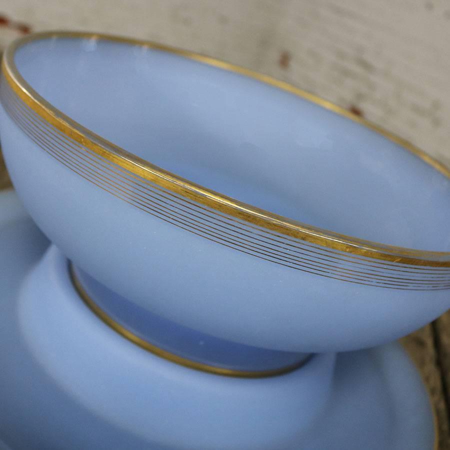 Azure Blue Frosted Glass Punch Bowl and Charger with Gold Rim 2