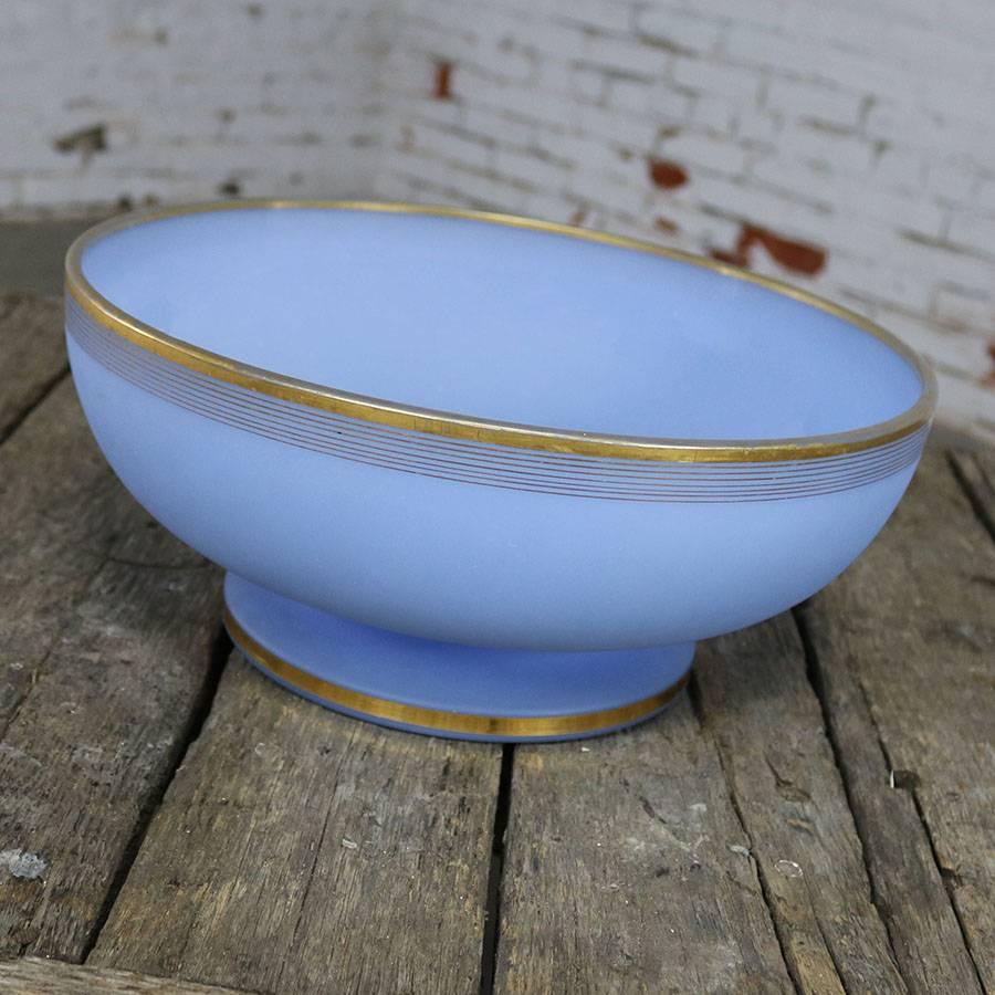 Mid-Century Modern Azure Blue Frosted Glass Punch Bowl and Charger with Gold Rim
