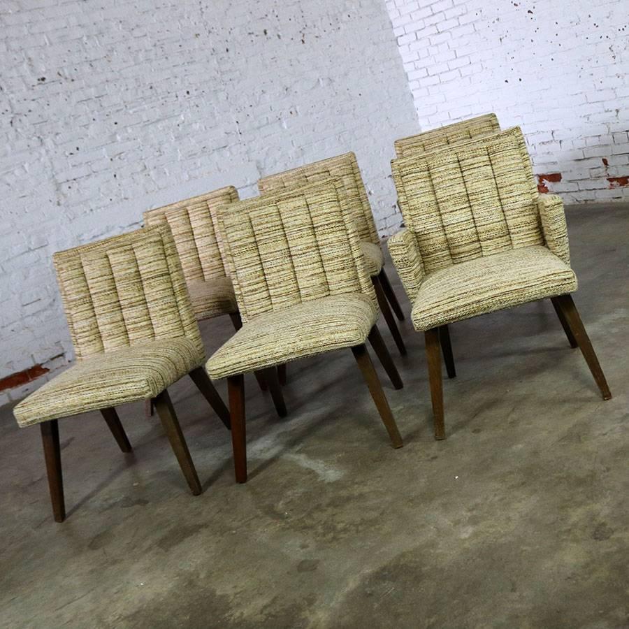Wonderful set of six upholstered Mid-Century Modern dining chairs by Morris of California from their Architectural Modern collection. There are two armchairs and four side chairs. All are in exceptional original vintage condition circa