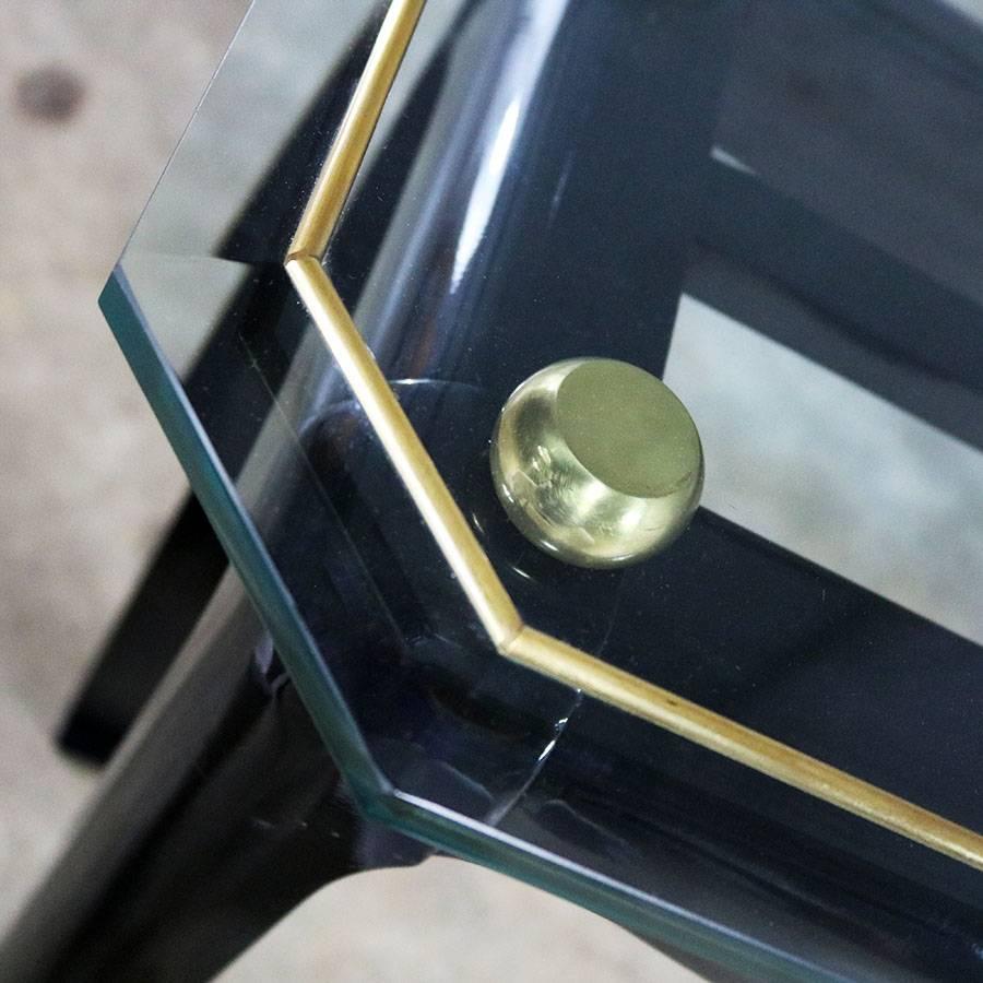 James Mont Style Sofa Console Table Black Lacquer with Brass Trim and Glass Top 1
