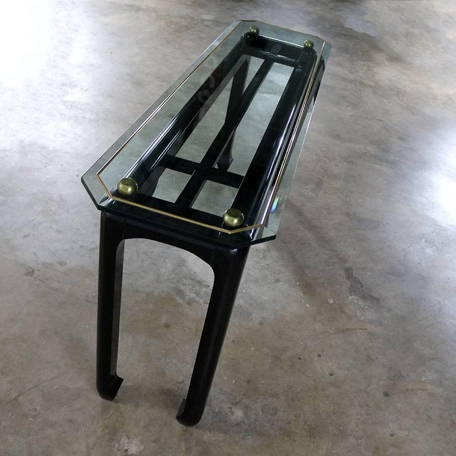James Mont Style Sofa Console Table Black Lacquer with Brass Trim and Glass Top In Good Condition In Topeka, KS