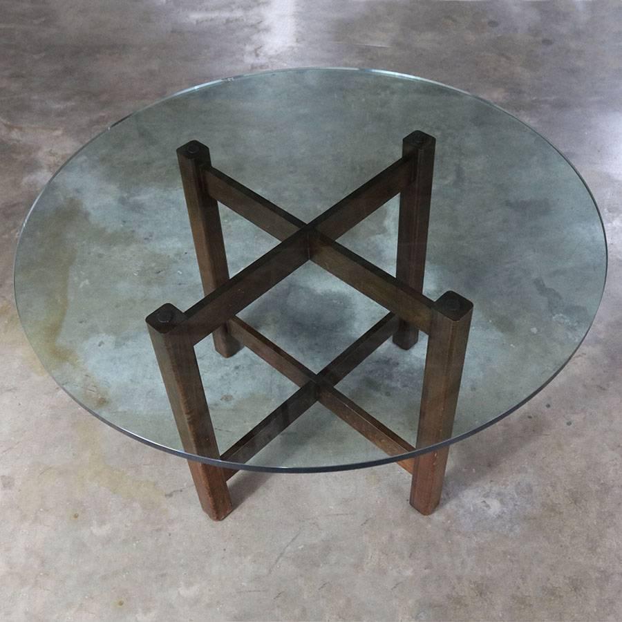 20th Century Modernist X-Base Dining Room Table with Round Glass Top