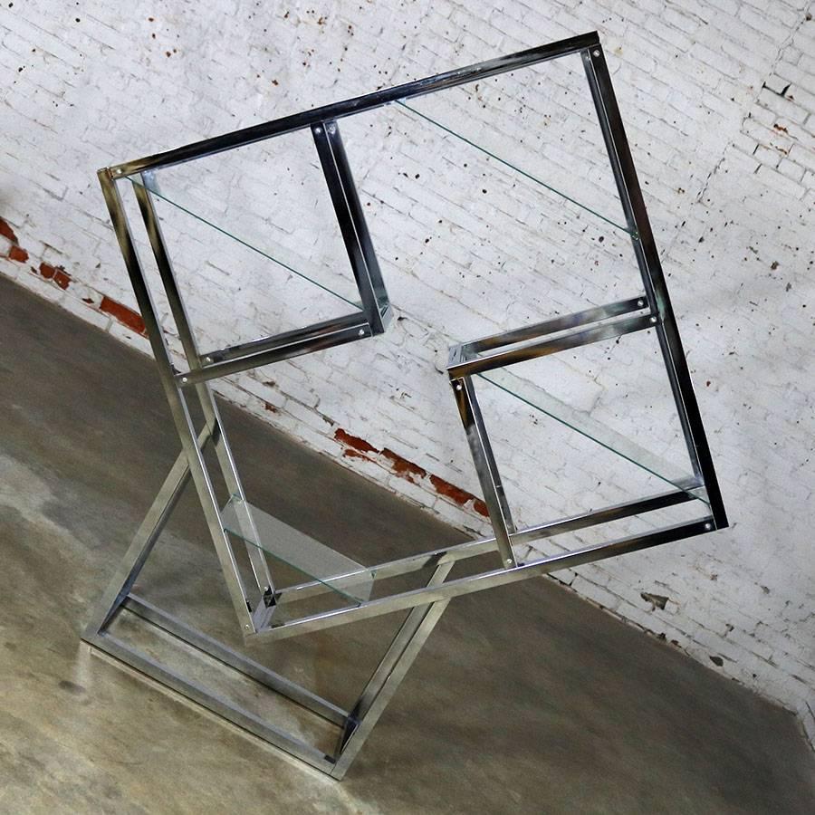 Glass Modernist Geometric Diamond Shaped Chrome Étagère Attributed to Milo Baughman