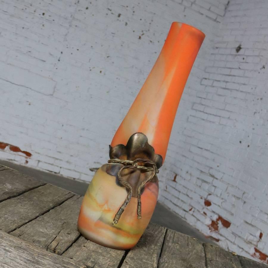 Bohemian Monumental Filip Ravert Orange Blown Slag Glass Vase Cinched Waist Metal Wrap