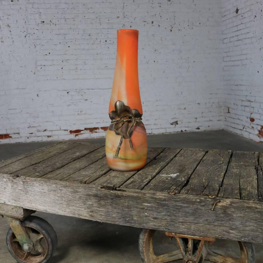 Romanian Monumental Filip Ravert Orange Blown Slag Glass Vase Cinched Waist Metal Wrap