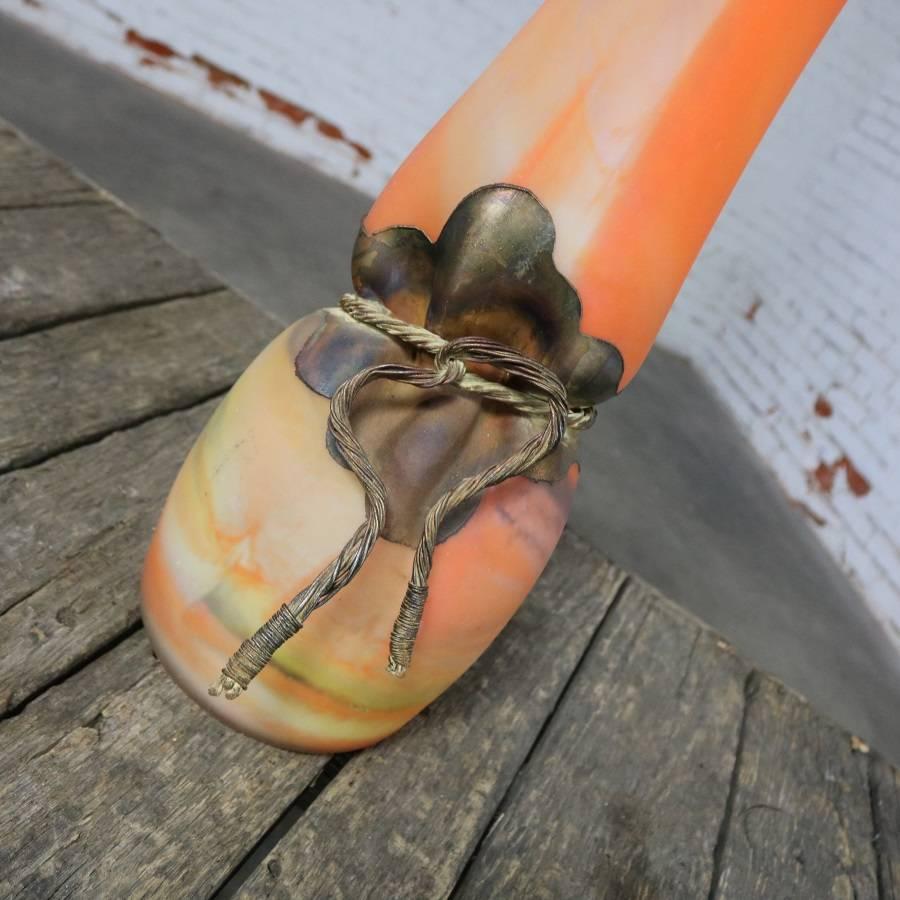 Monumental Filip Ravert Orange Blown Slag Glass Vase Cinched Waist Metal Wrap In Good Condition In Topeka, KS