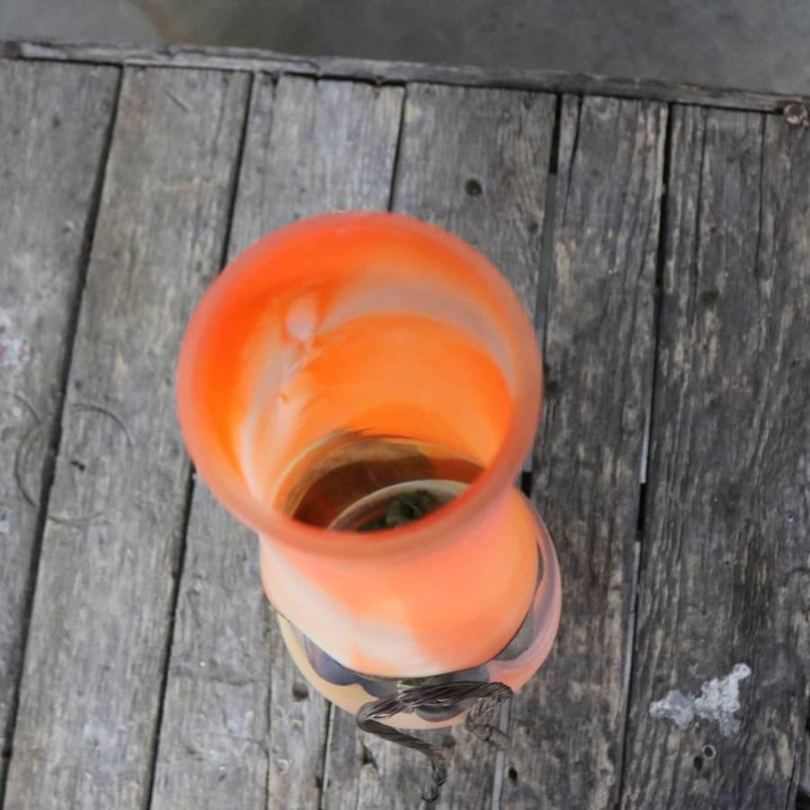 20th Century Monumental Filip Ravert Orange Blown Slag Glass Vase Cinched Waist Metal Wrap
