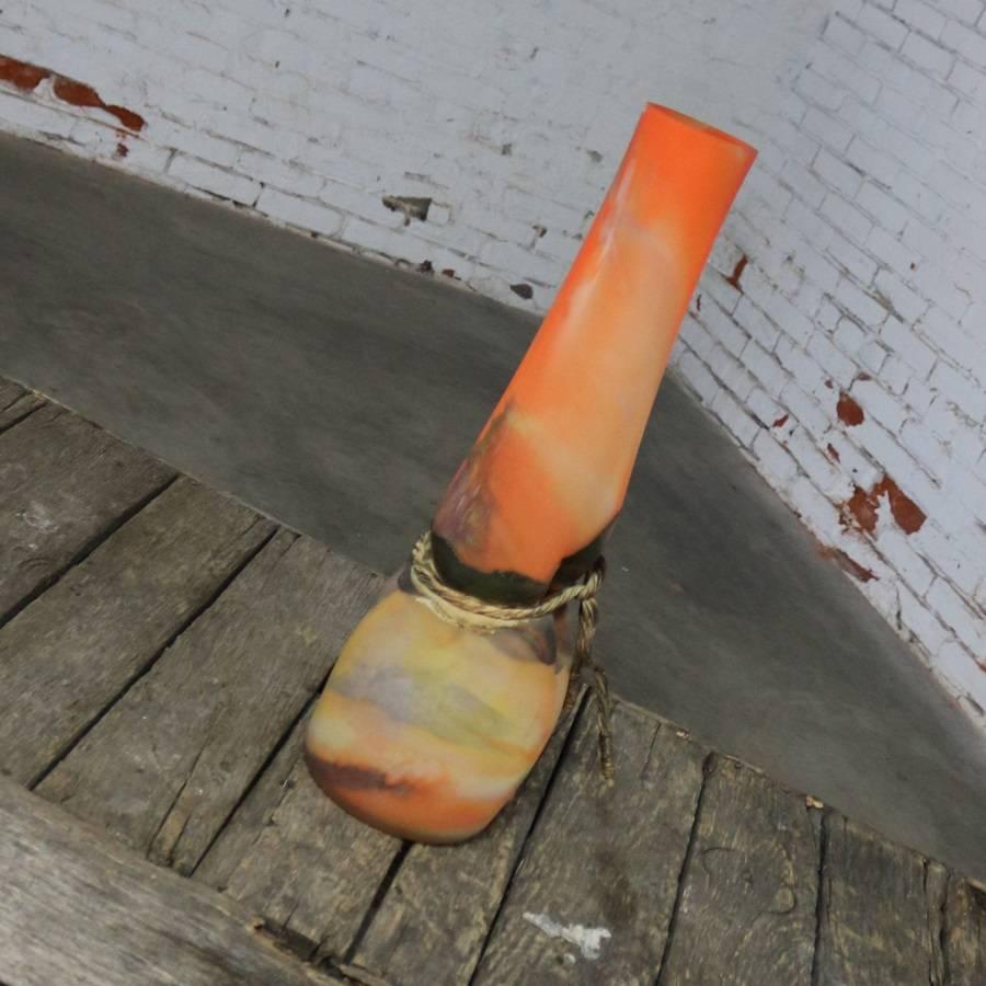 Monumental Filip Ravert Orange Blown Slag Glass Vase Cinched Waist Metal Wrap 1