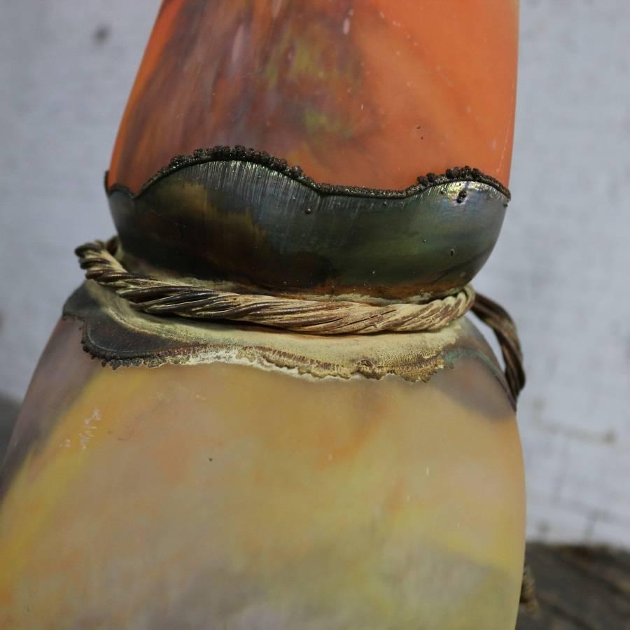 Monumental Filip Ravert Orange Blown Slag Glass Vase Cinched Waist Metal Wrap 2