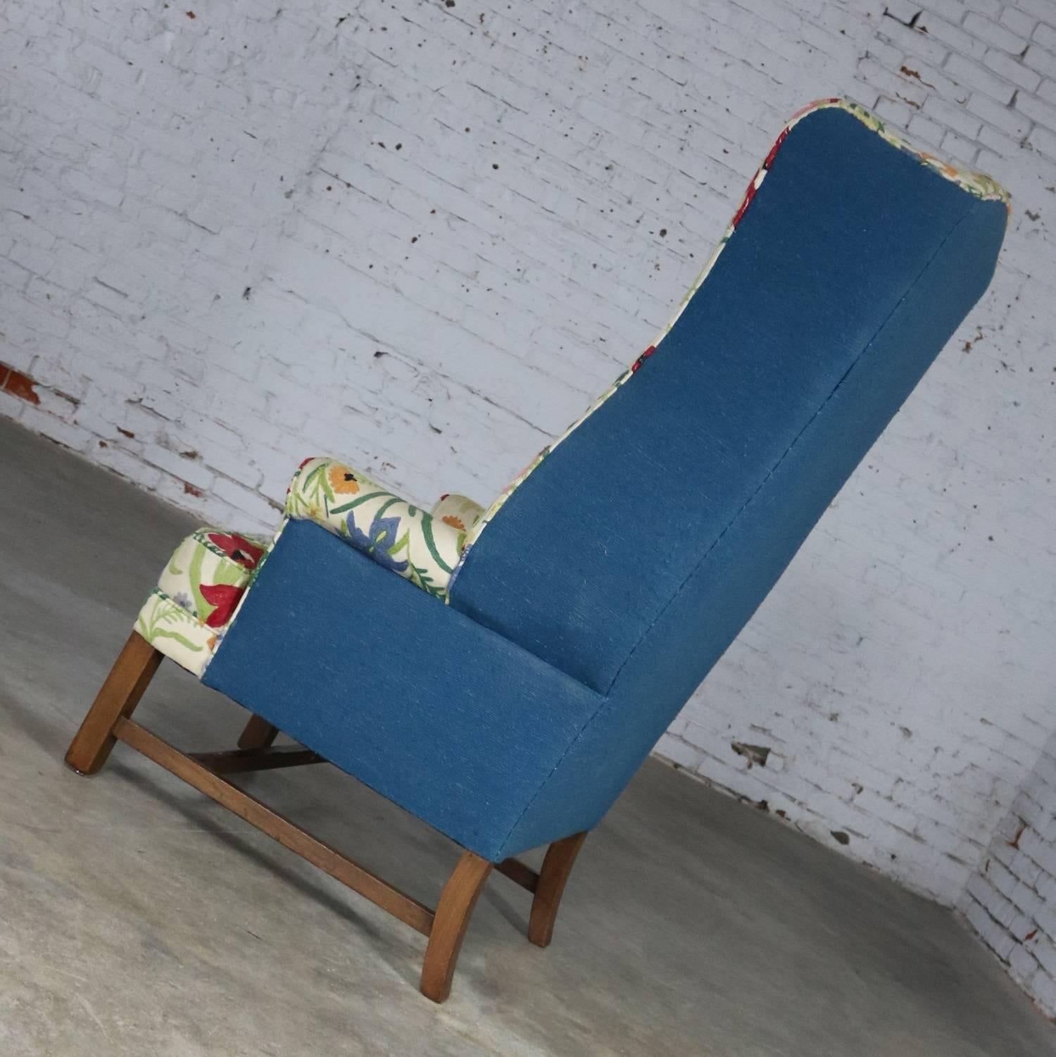 Fabric Tall Wingback Chair Upholstered in Bold and Bright Crewel Floral