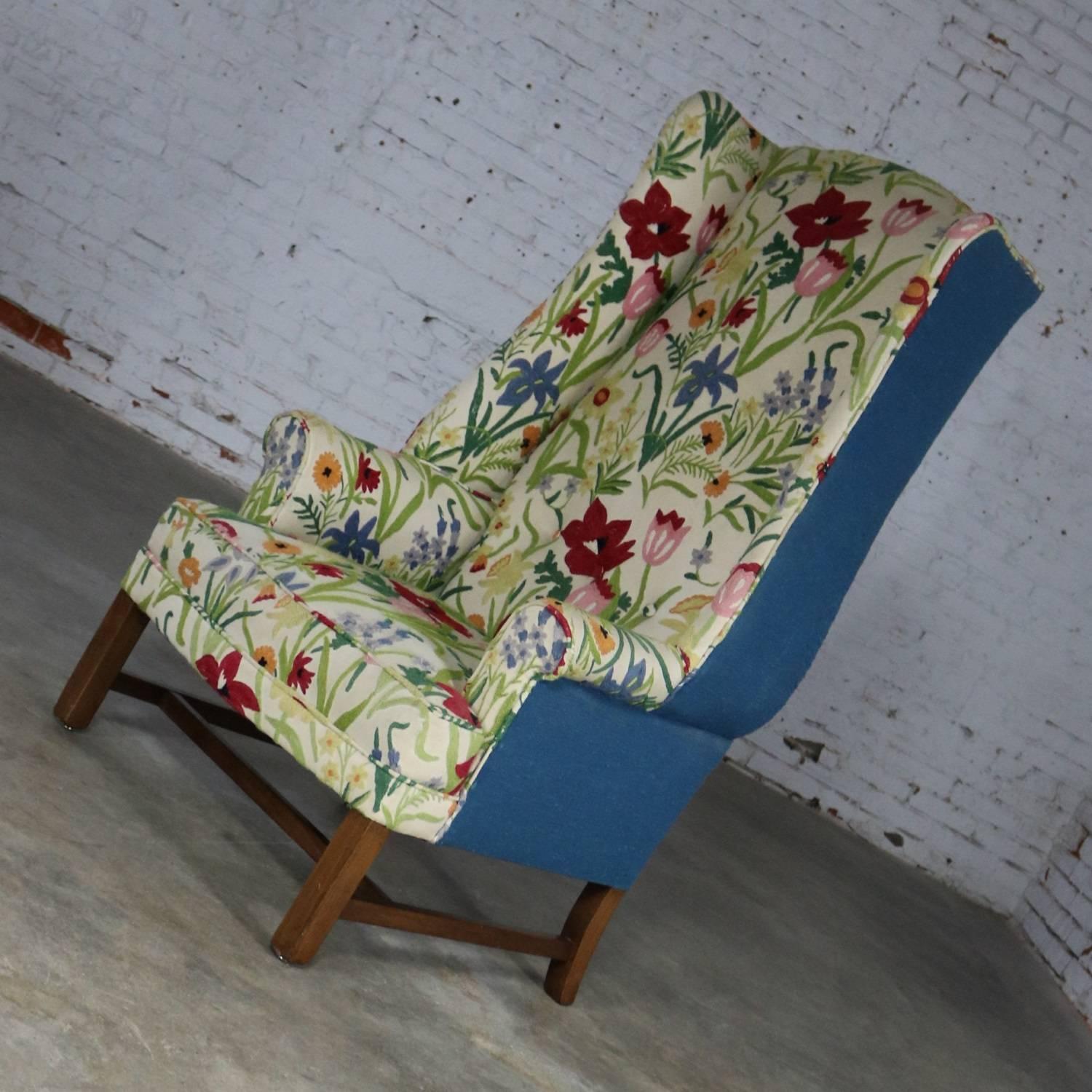 Tall Wingback Chair Upholstered in Bold and Bright Crewel Floral In Good Condition In Topeka, KS