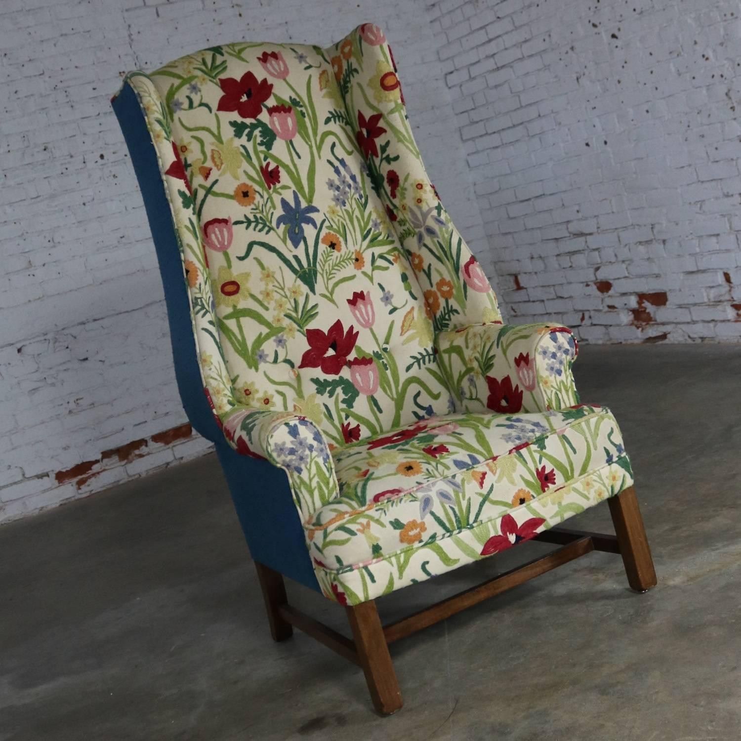 American Classical Tall Wingback Chair Upholstered in Bold and Bright Crewel Floral