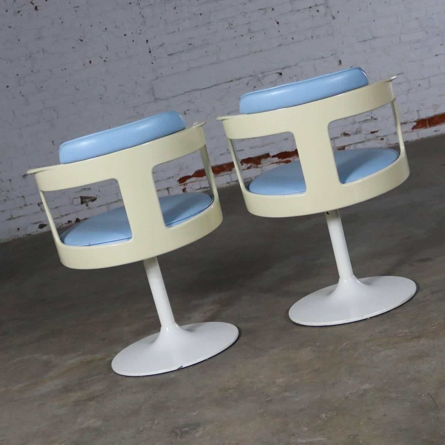 Mid-Century Modern Daystrom Furniture Tulip Style Swivel Chairs in Baby Blue and White
