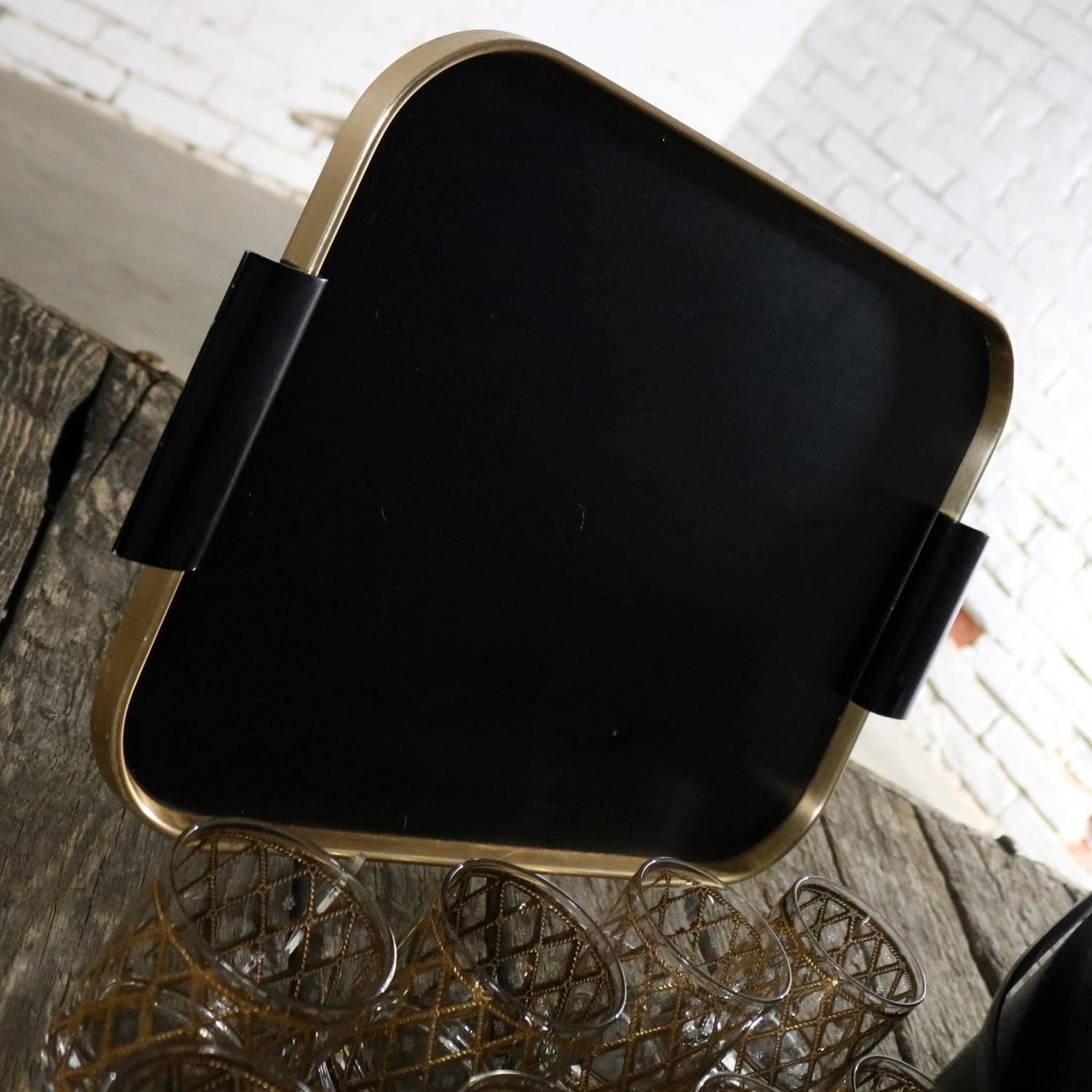 Aluminum Black George Briard Ice Bucket with Eight Culver Cocktail Glass and MCM Tray