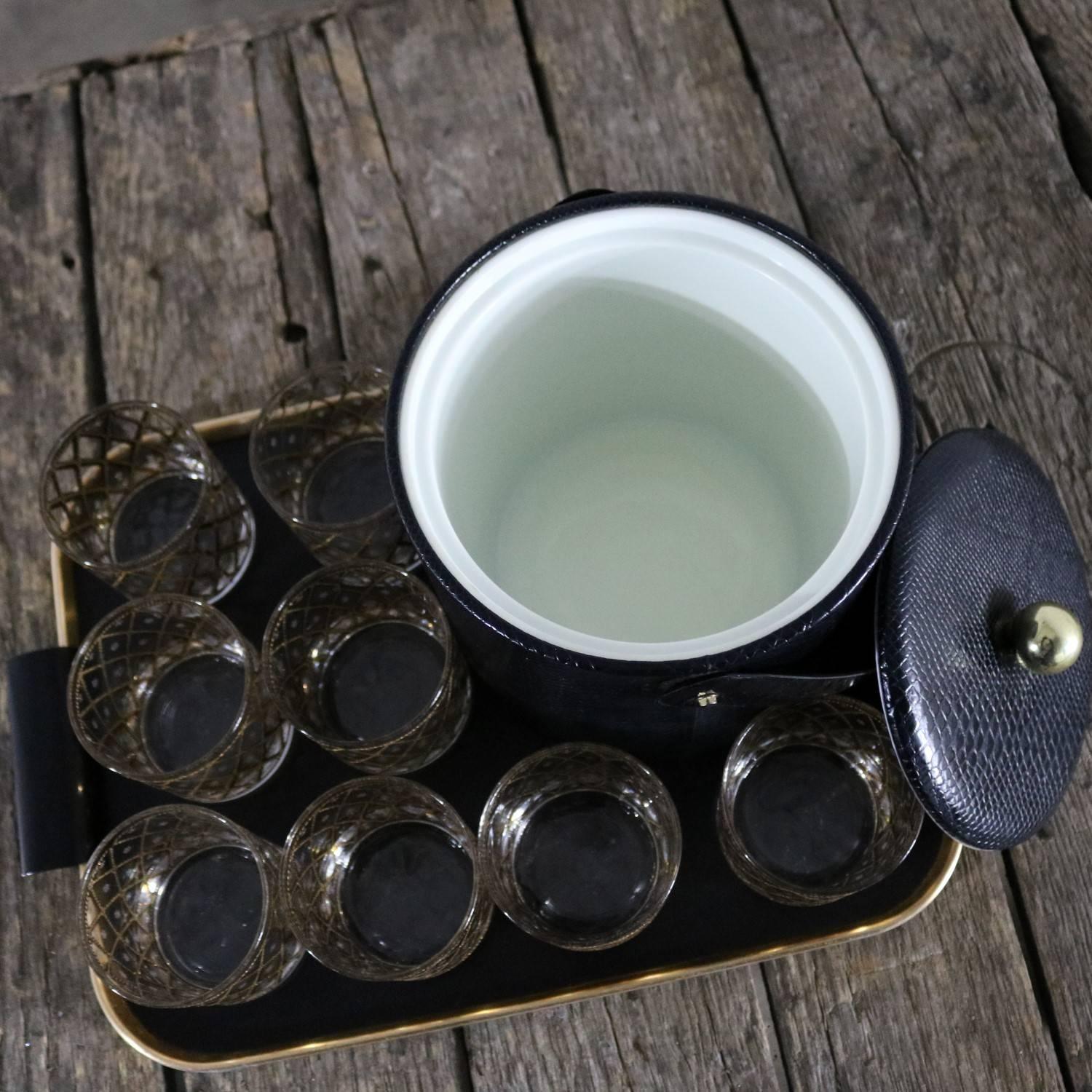 American Black George Briard Ice Bucket with Eight Culver Cocktail Glass and MCM Tray