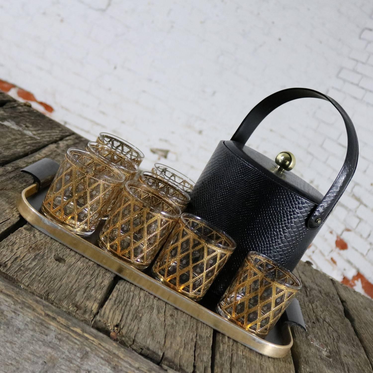 Mid-Century Modern Black George Briard Ice Bucket with Eight Culver Cocktail Glass and MCM Tray