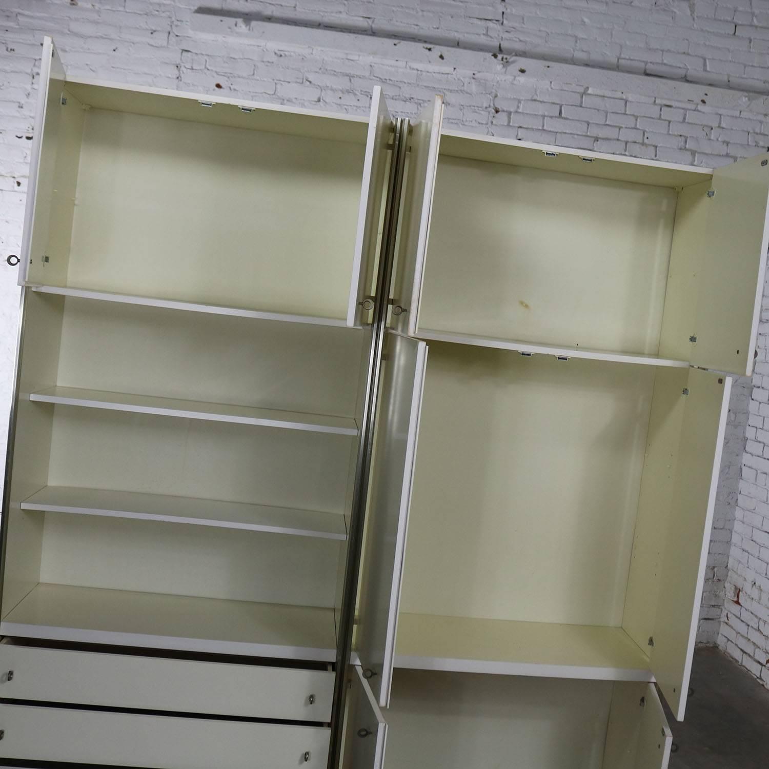 Aluminum Mid-Century Modern White Laminate Wall Unit Bookcase Display Cabinets, a Pair