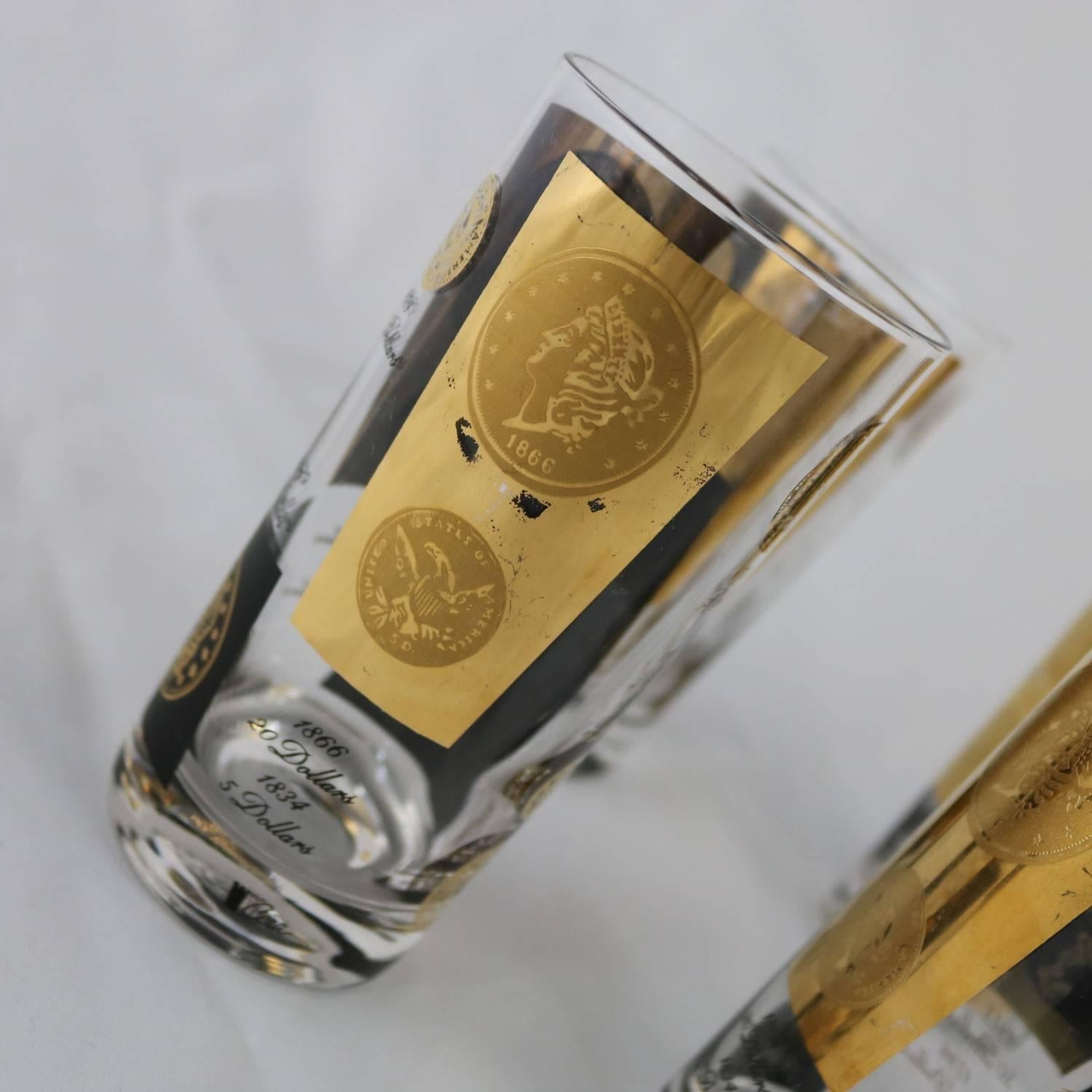 Black and 22-Karat Gold Coin Design Highball Glasses by Cera Mid-Century Modern 2