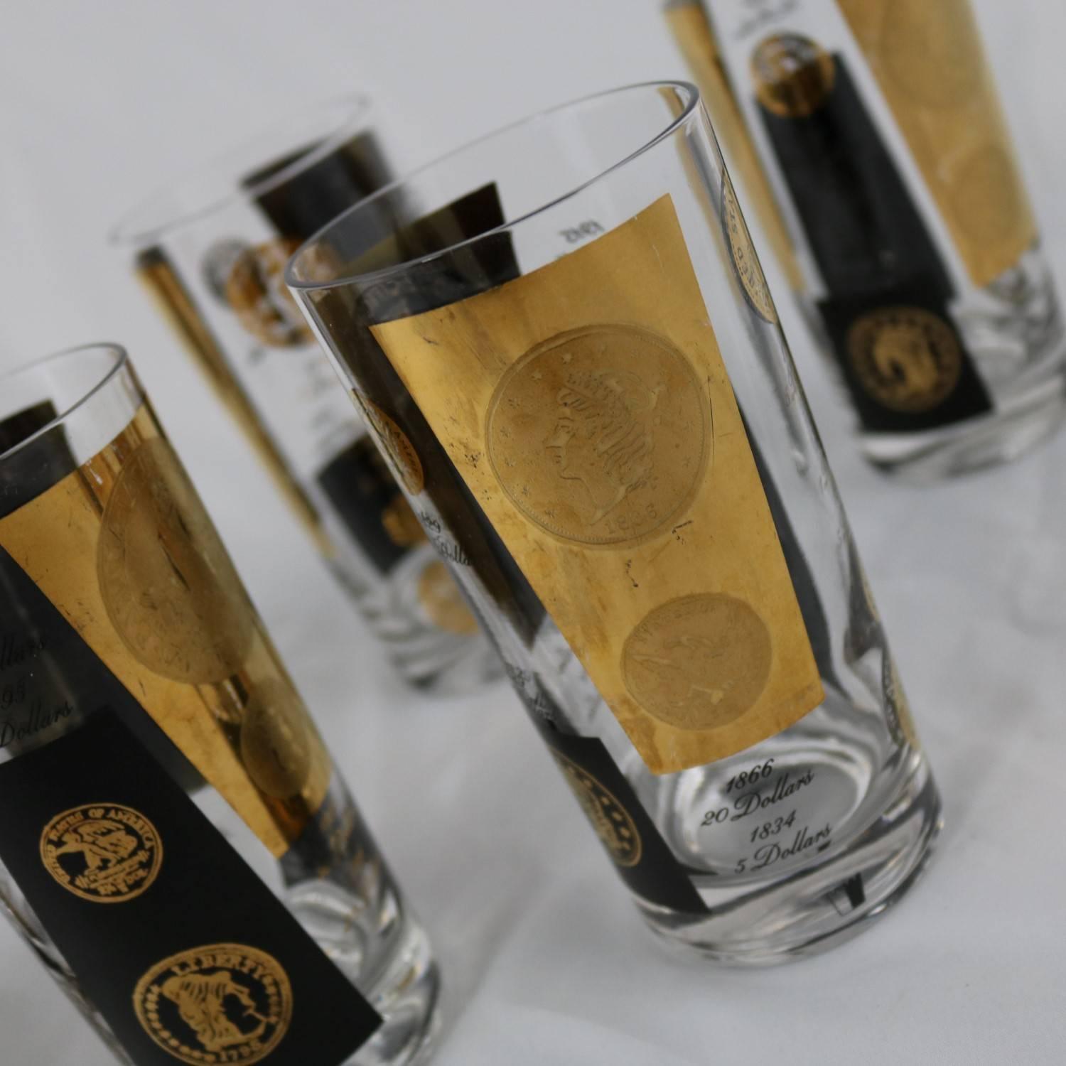 Black and 22-Karat Gold Coin Design Highball Glasses by Cera Mid-Century Modern 1