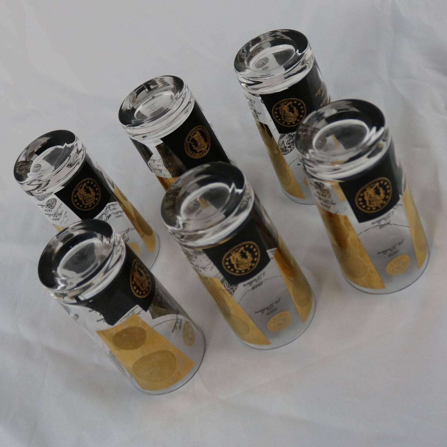 Black and 22-Karat Gold Coin Design Highball Glasses by Cera Mid-Century Modern In Good Condition In Topeka, KS