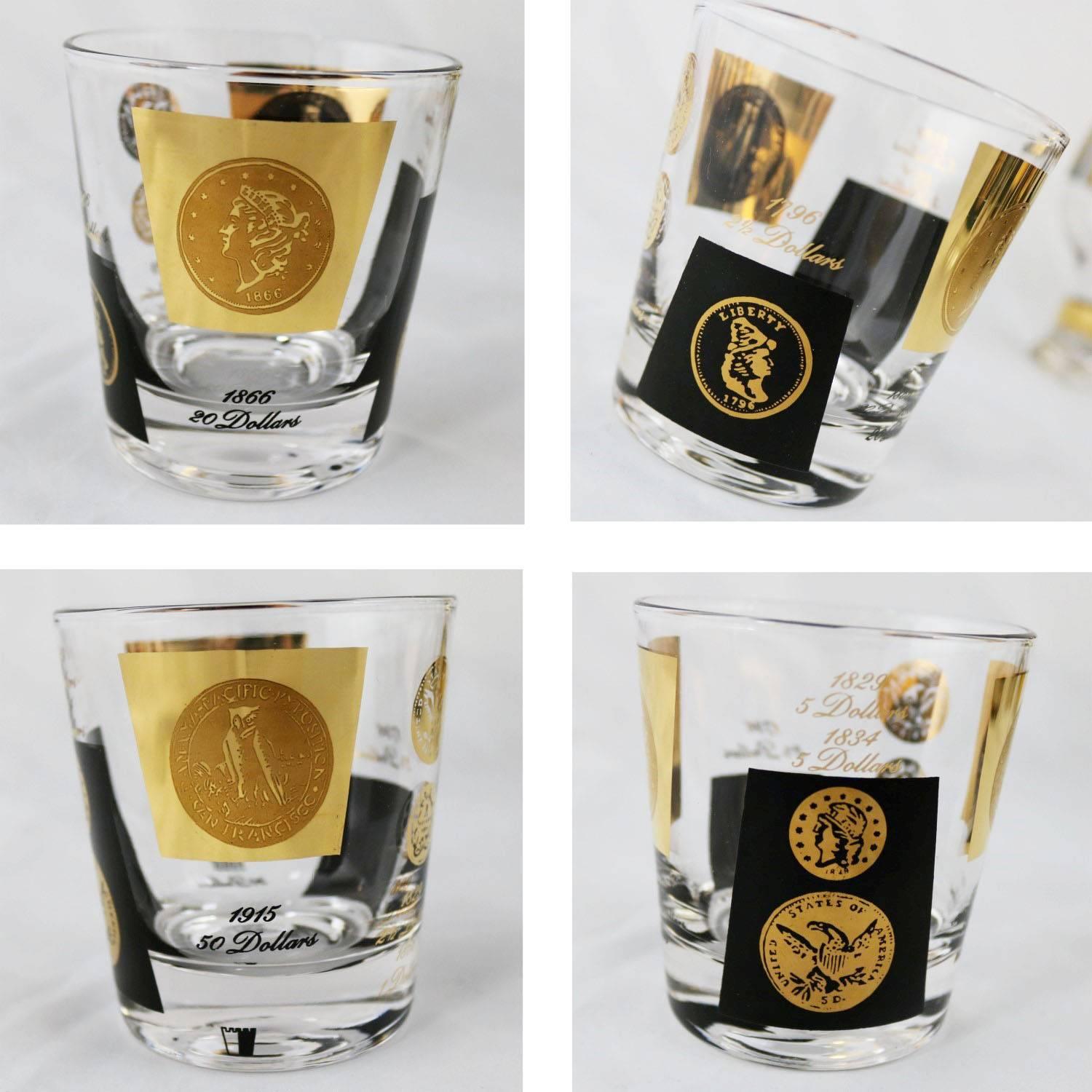 Américain  Ensemble important de couverts de bar et de verres MCM en or 22 carats et pièces de monnaie noires par Cera en vente
