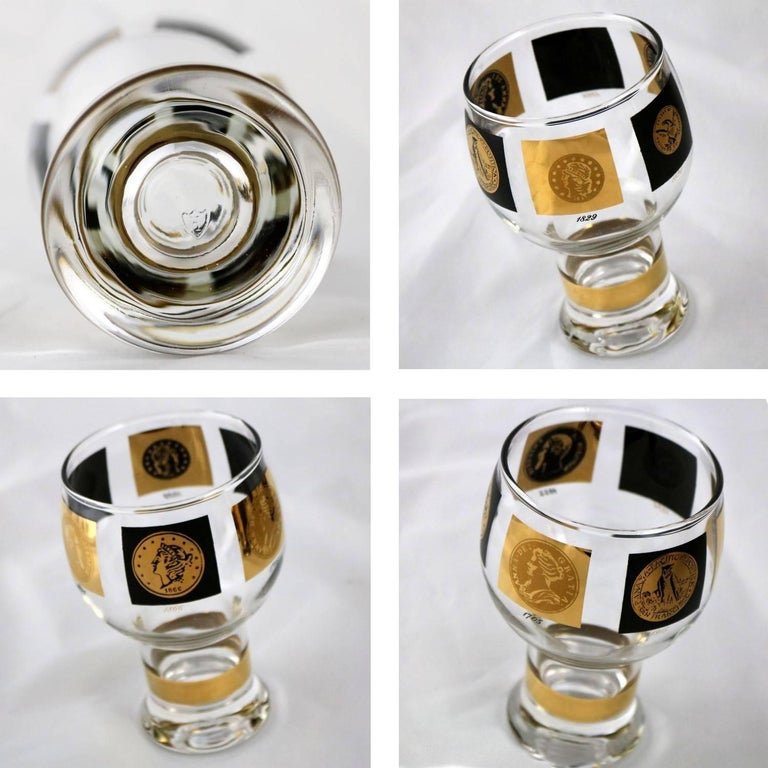 Coin Motif Glassware & Carrier Gold/Black- Set of 8 – Vintage by Misty
