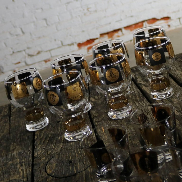 MCM Extensive Set of 22-Karat Gold and Black Coin Barware and Glasses by  Cera