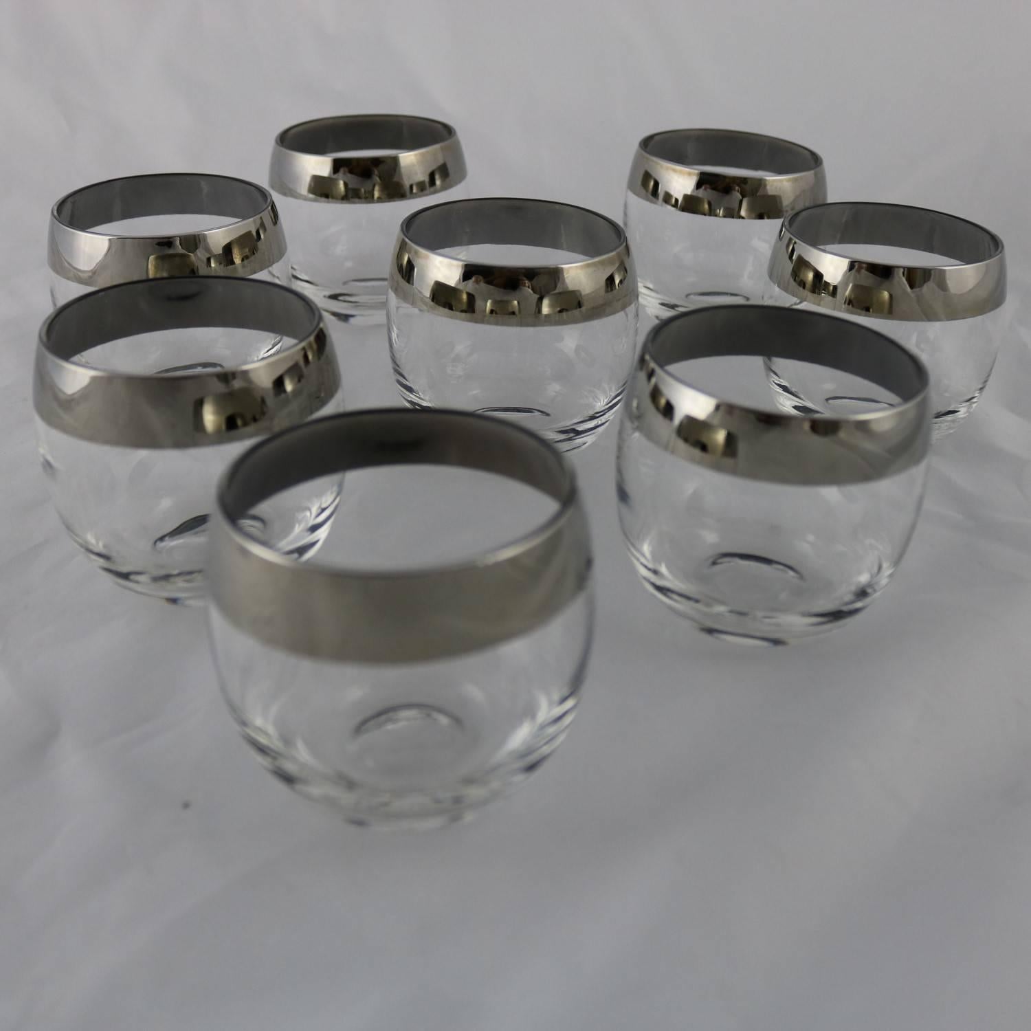 20th Century Silver Rimmed Roly Poly Cocktail Glasses Style of Dorothy Thorpe Set of Eight
