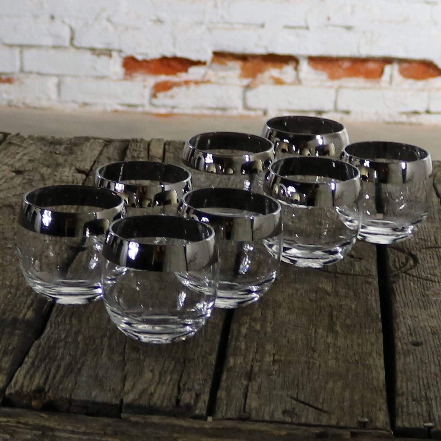 American Silver Rimmed Roly Poly Cocktail Glasses Style of Dorothy Thorpe Set of Eight