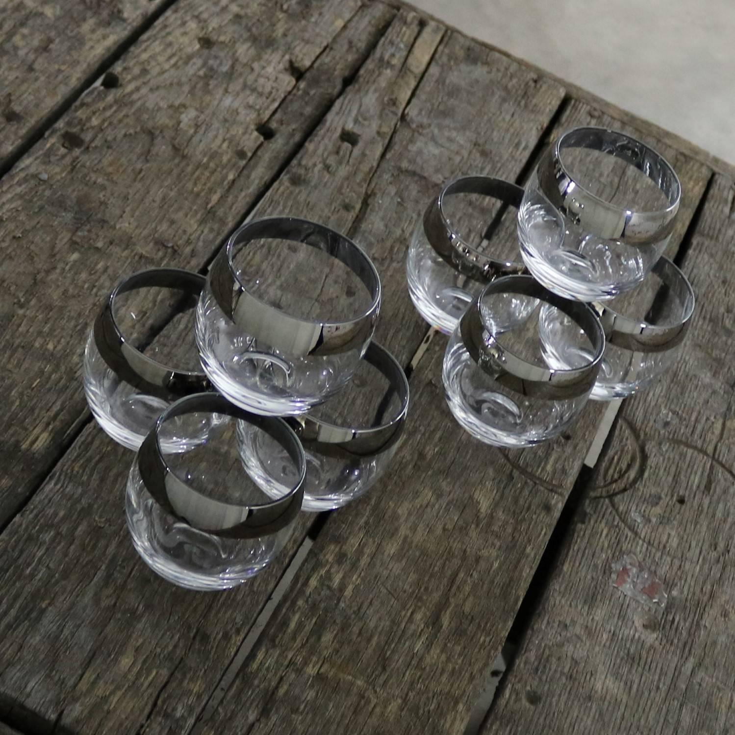 Mid-Century Modern Silver Rimmed Roly Poly Cocktail Glasses Style of Dorothy Thorpe Set of Eight