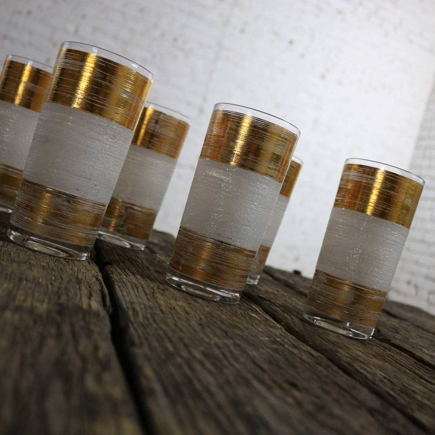 American Mid-Century Modern Highball Cocktail Glasses Horizontal Gold and White Bands