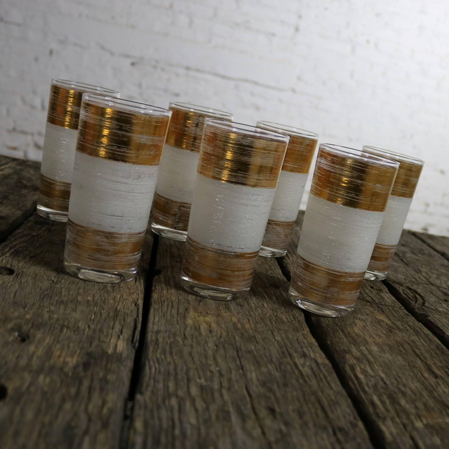Mid-Century Modern Highball Cocktail Glasses Horizontal Gold and White Bands In Good Condition In Topeka, KS