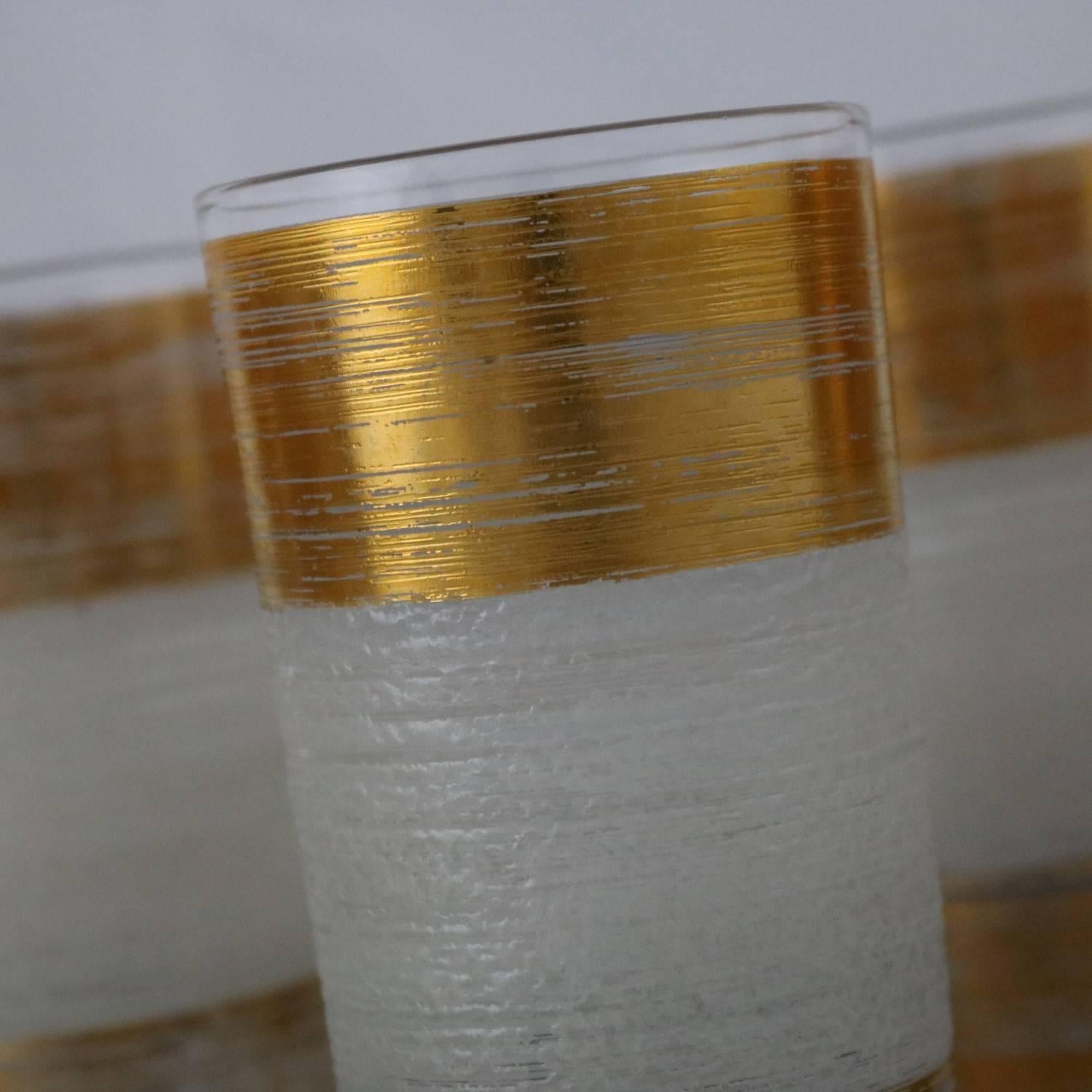 Mid-Century Modern Highball Cocktail Glasses Horizontal Gold and White Bands 5