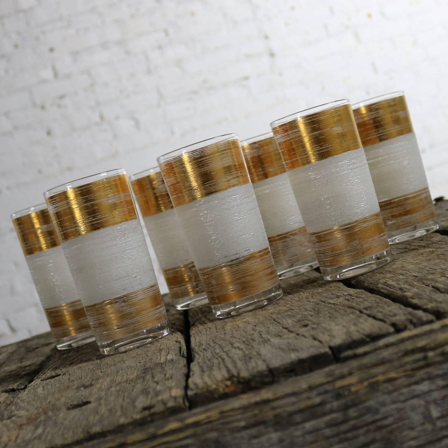 Mid-Century Modern Highball Cocktail Glasses Horizontal Gold and White Bands 1