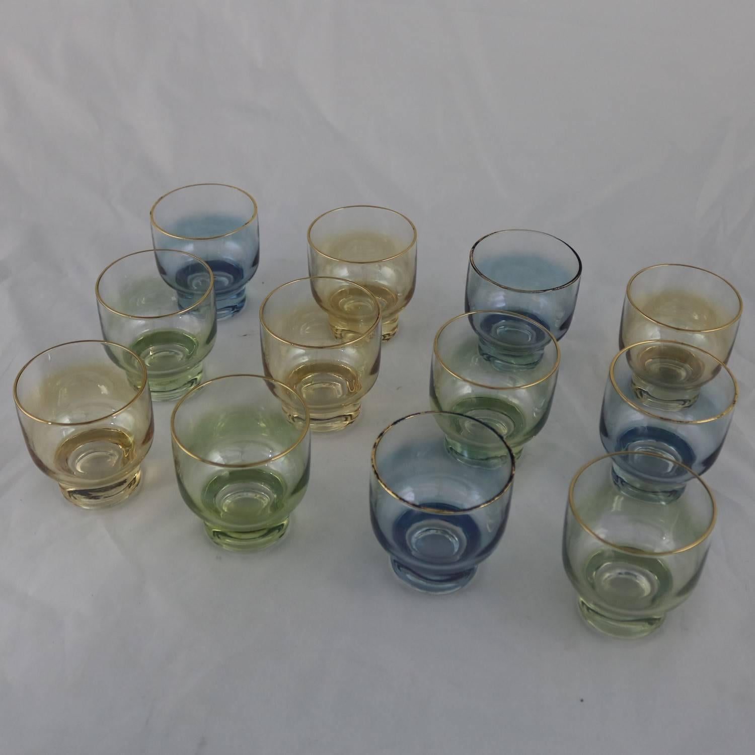Small Footed Sapphire Emerald Topaz Ombre Cocktail Glasses Gold Rim MCM Set 12 4