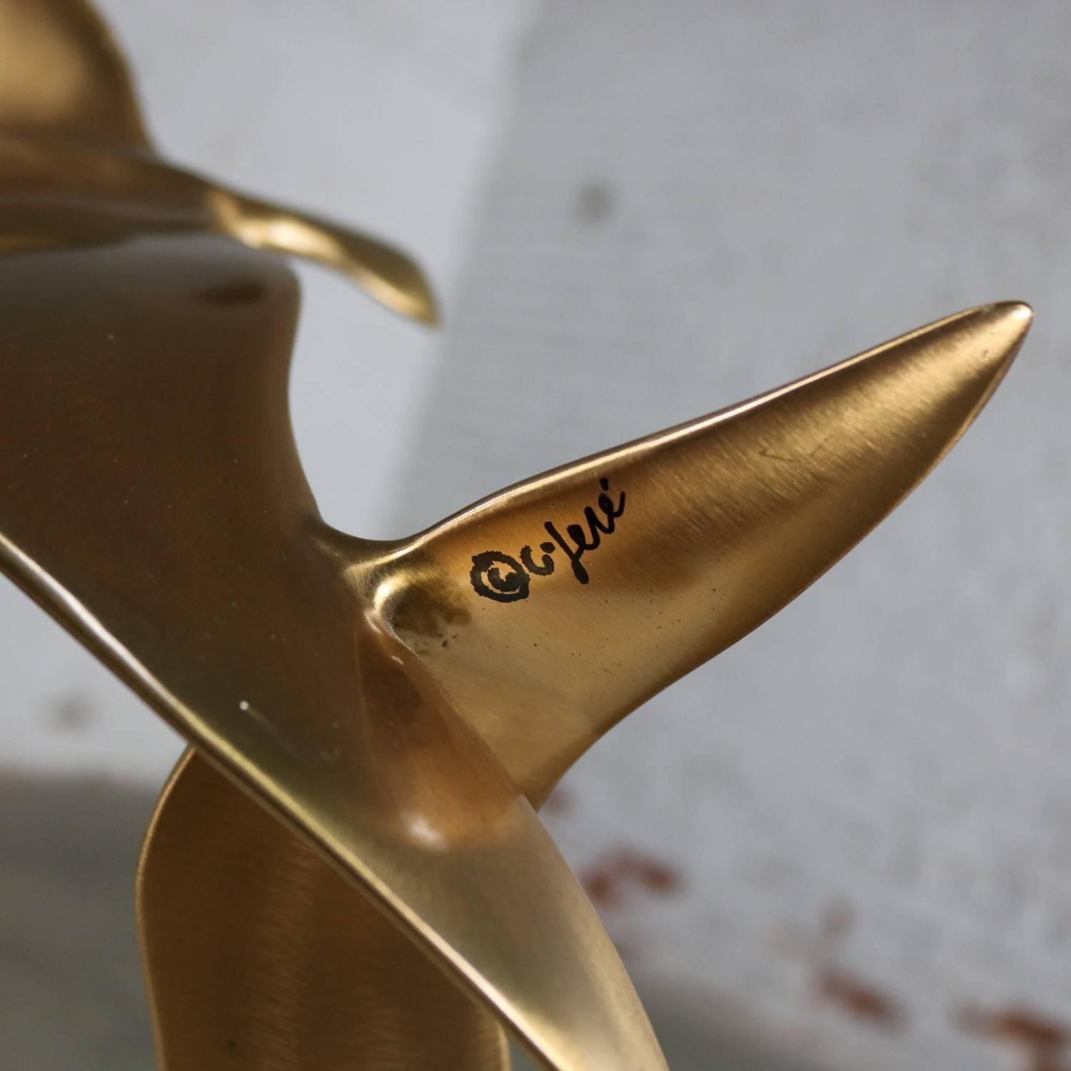 Metal C. Jere Sculpture Pair of Birds in Flight on Quartz Base Mid-Century Modern