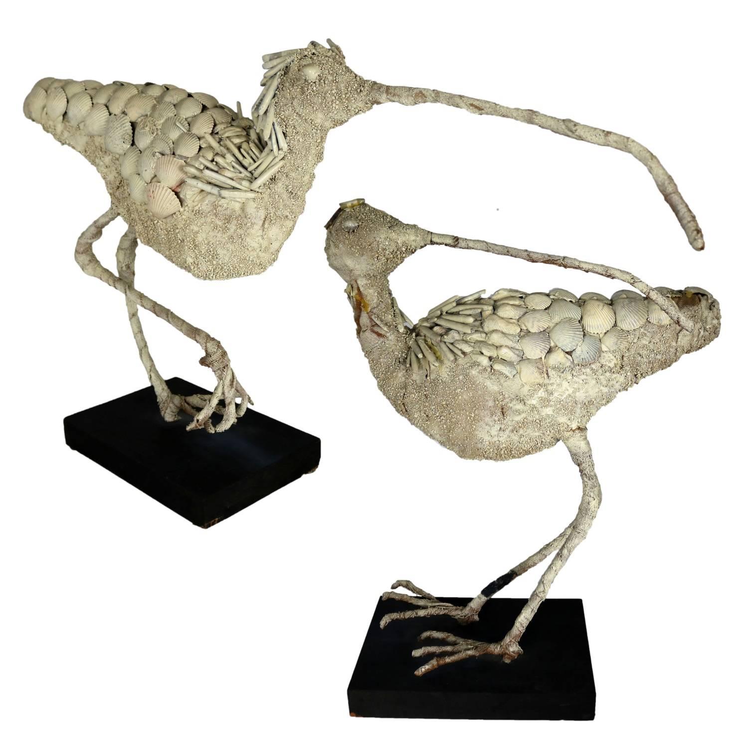 Monumental Shell Encrusted Burlap and Wire Wading Bird Sculptures, a Pair