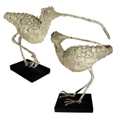 Vintage Monumental Shell Encrusted Burlap and Wire Wading Bird Sculptures, a Pair