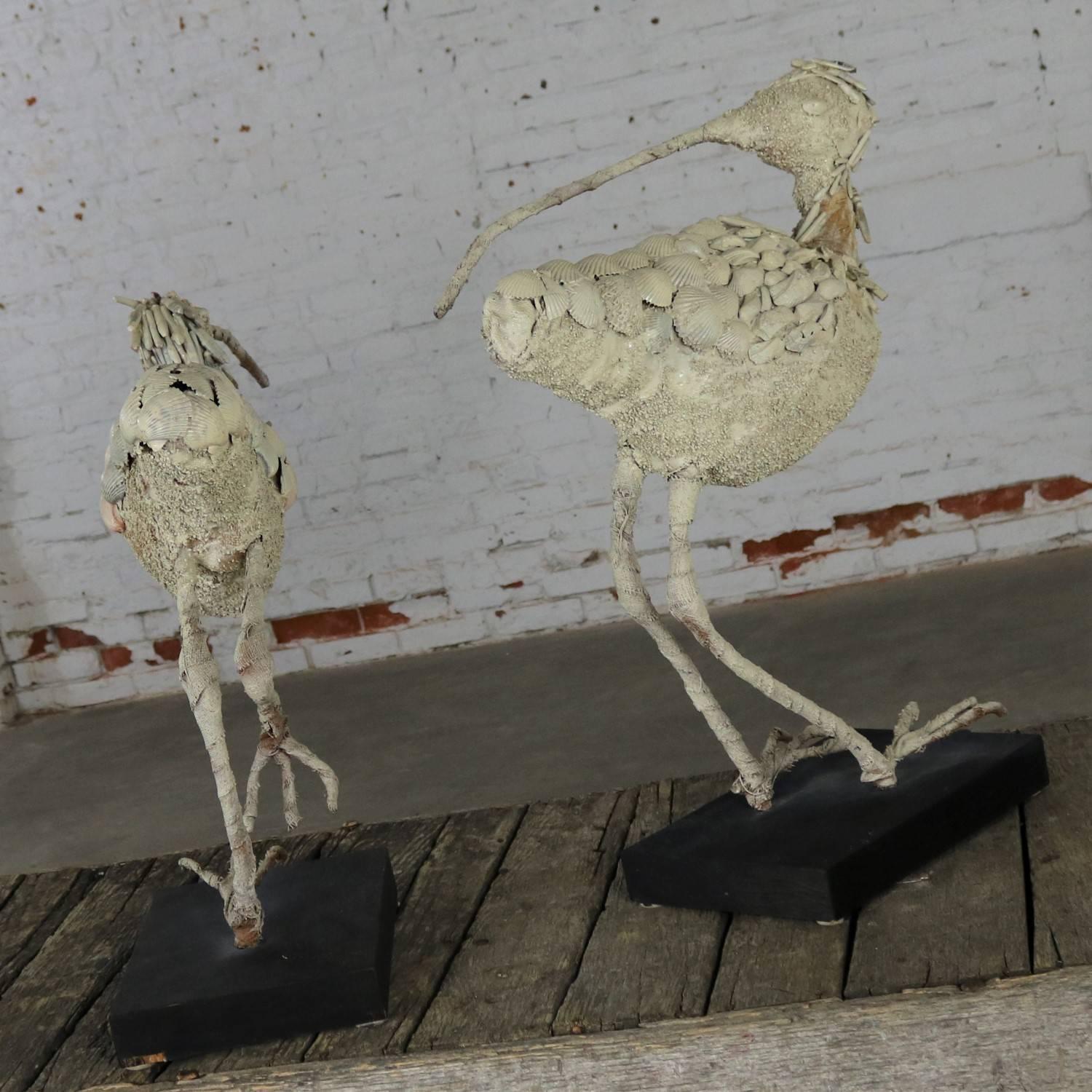 20th Century Monumental Shell Encrusted Burlap and Wire Wading Bird Sculptures, a Pair