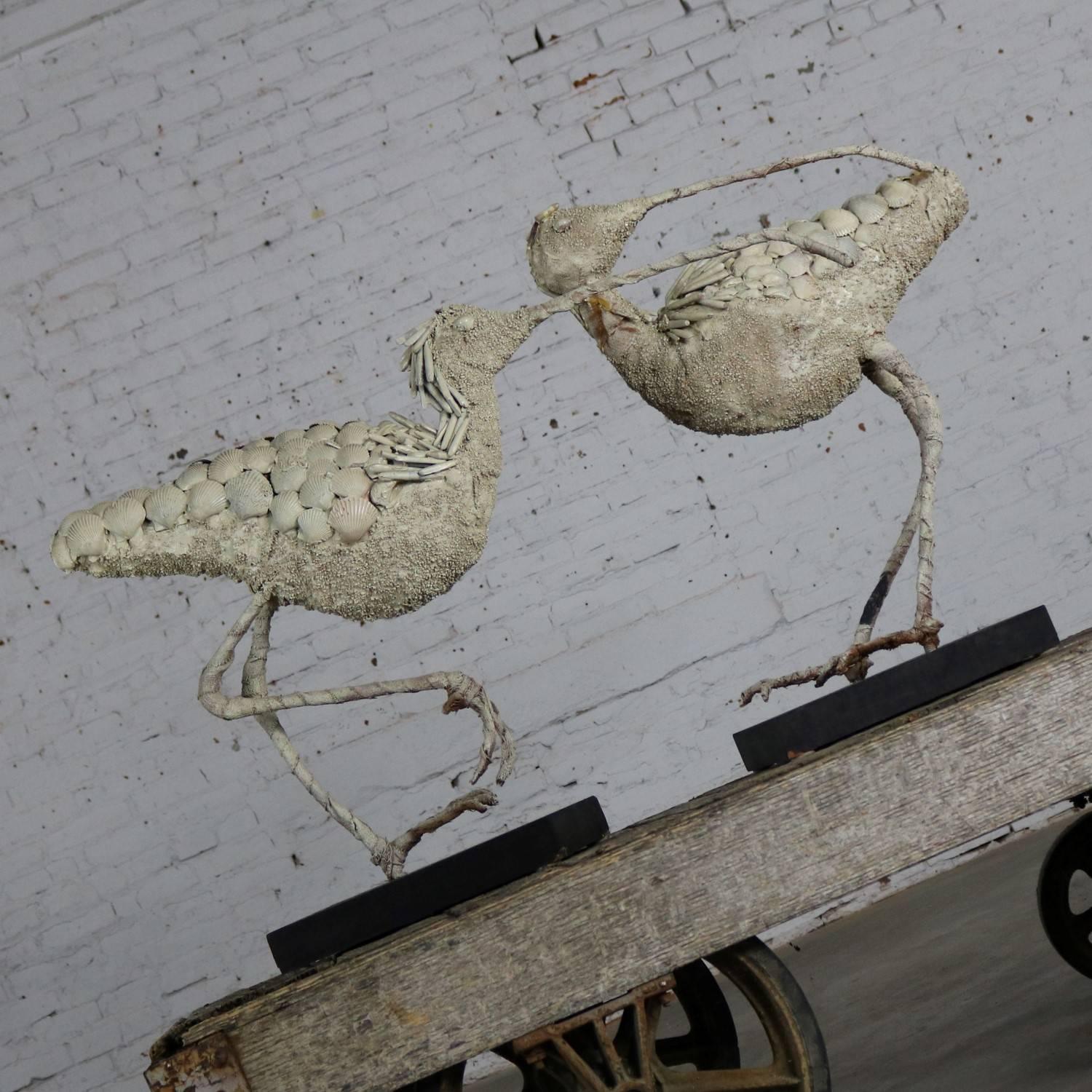 Folk Art Monumental Shell Encrusted Burlap and Wire Wading Bird Sculptures, a Pair