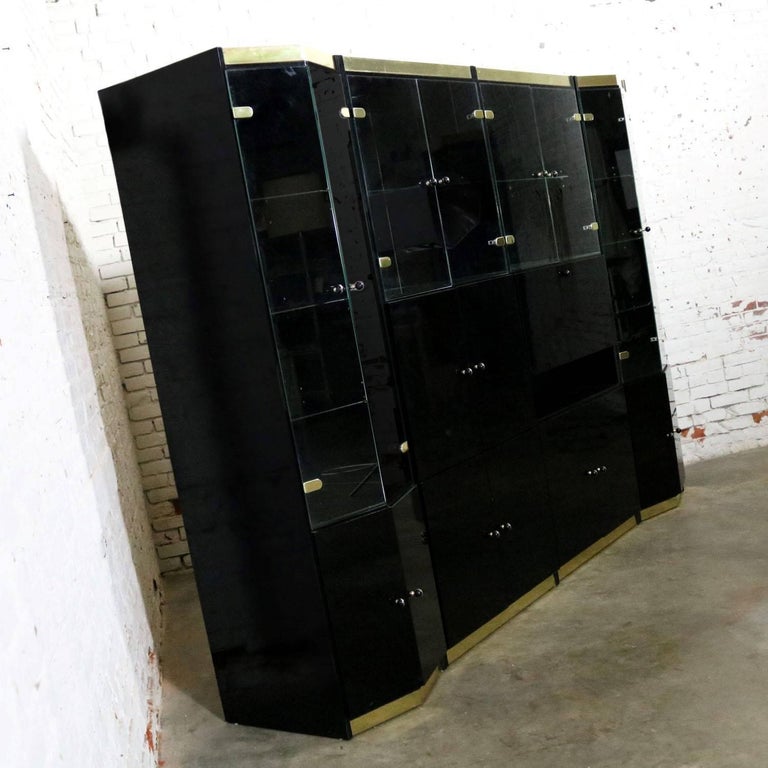 Black Laminate Glass Brass Modular Freestanding Wall Unit Display
