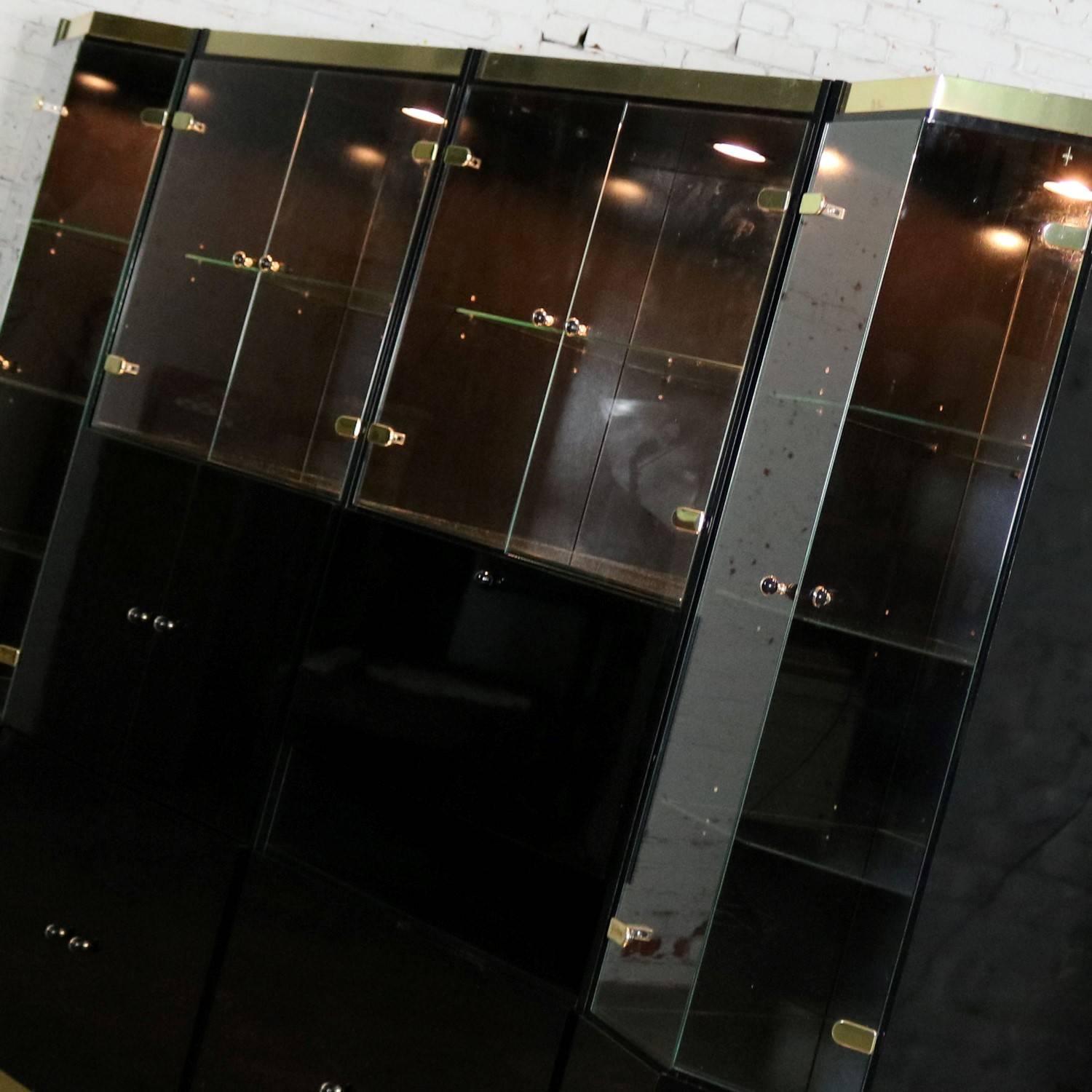 20th Century Black Laminate Glass Brass Modular Freestanding Wall Unit Display Cabinet
