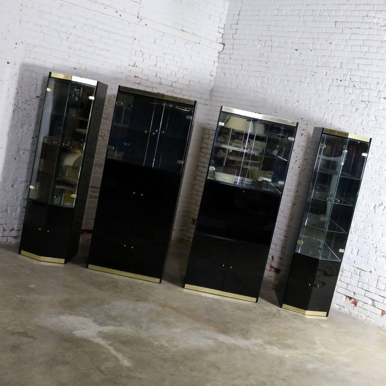 Mid-Century Modern Black Laminate Glass Brass Modular Freestanding Wall Unit Display Cabinet