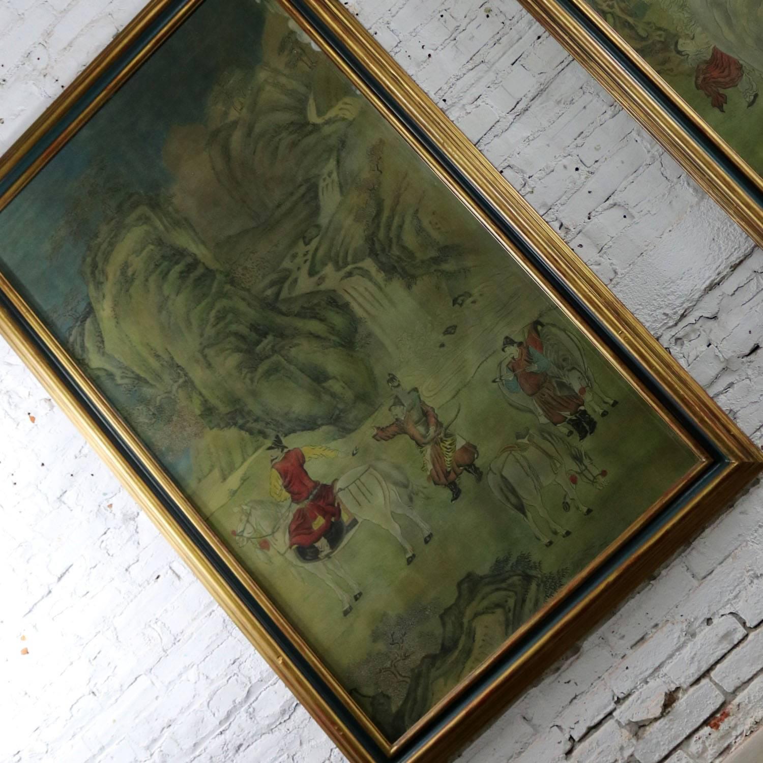 Chinese Ink and Color on Paper Framed Art a Monumental, Pair In Good Condition In Topeka, KS