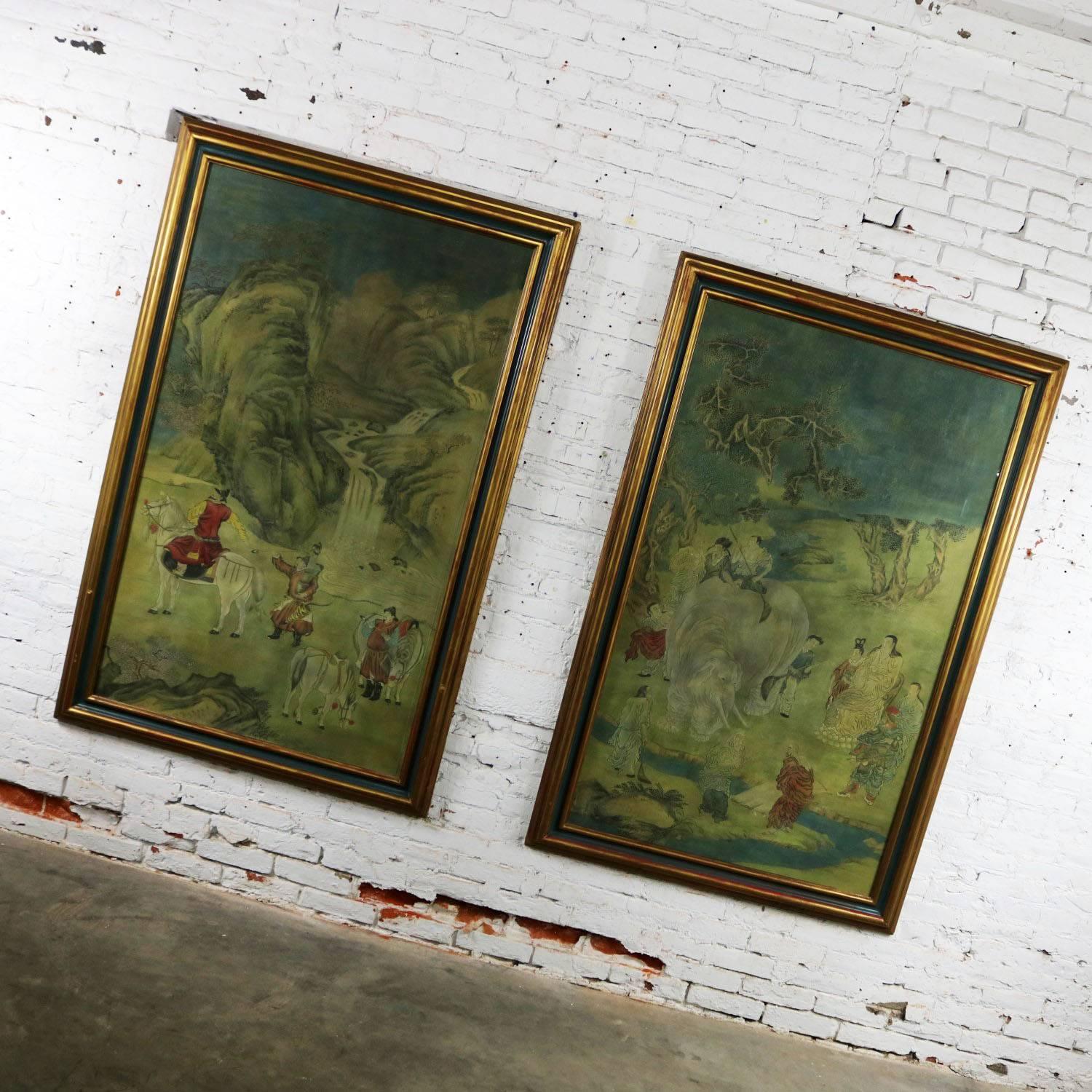 Chinese Export Chinese Ink and Color on Paper Framed Art a Monumental, Pair
