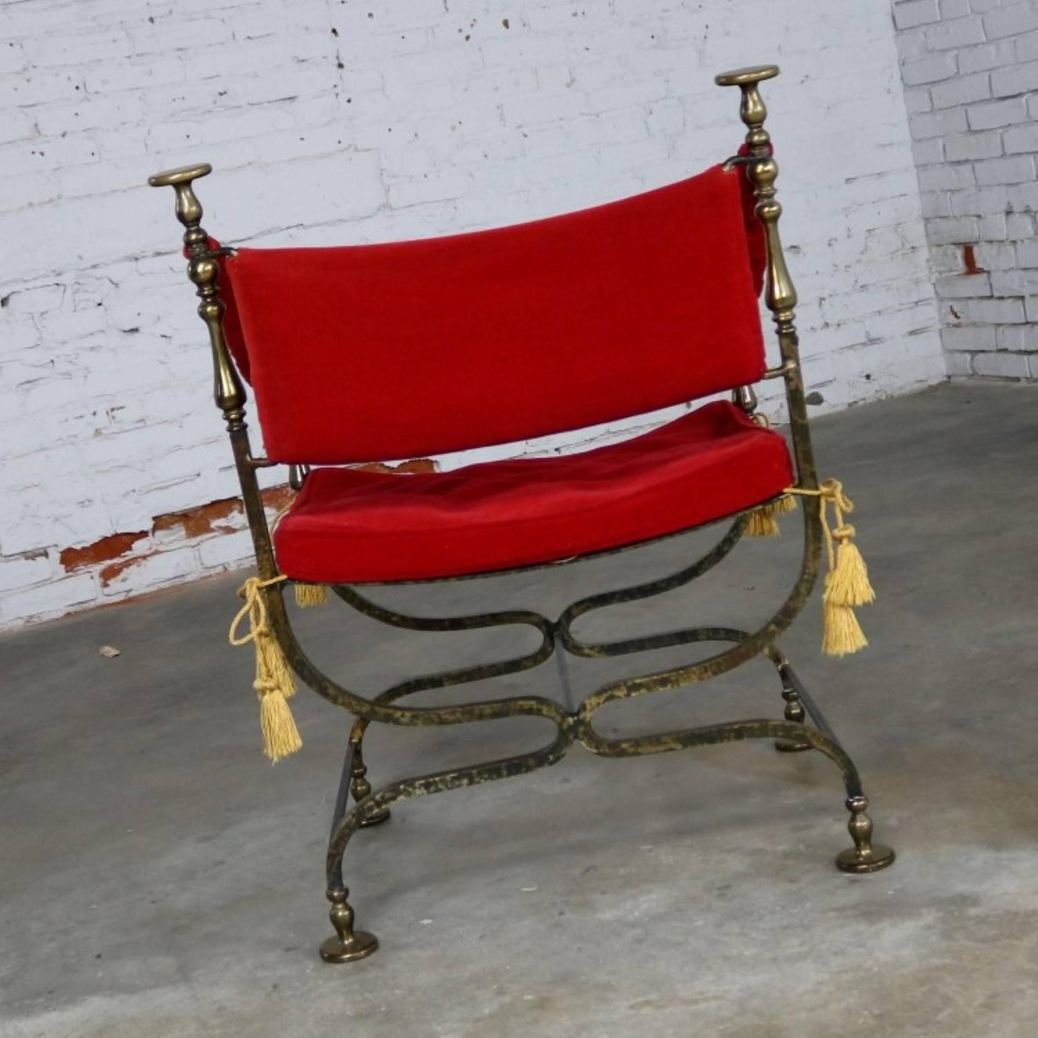 Wrought Iron and Brass Curule Savonarola Chair, Mid-20th Century In Good Condition In Topeka, KS