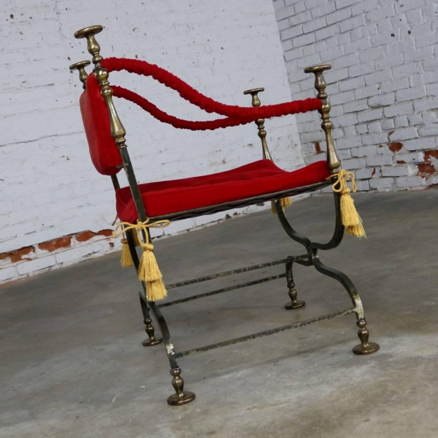 Hollywood Regency Wrought Iron and Brass Curule Savonarola Chair, Mid-20th Century
