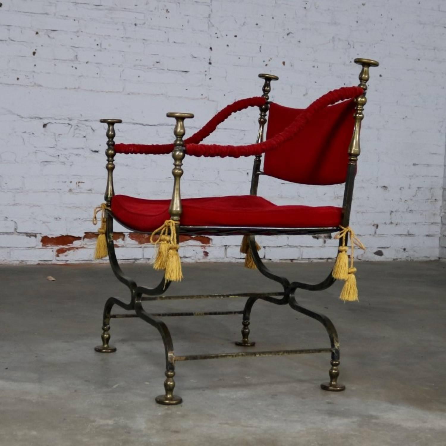 American Wrought Iron and Brass Curule Savonarola Chair, Mid-20th Century